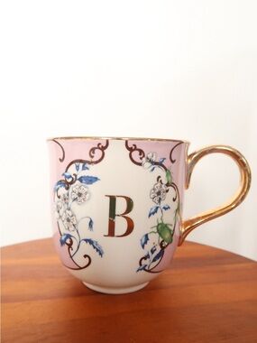 Anthropologie Pink White Floral Porcelain Mug with Gold Handle